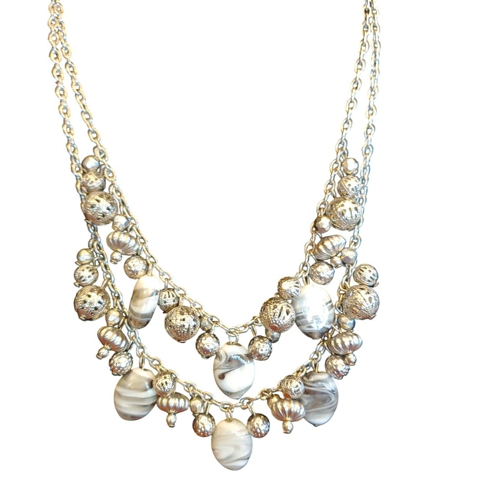 Silver Tone‎ Multi Strand Beaded Gemstone Accent Statement Necklace